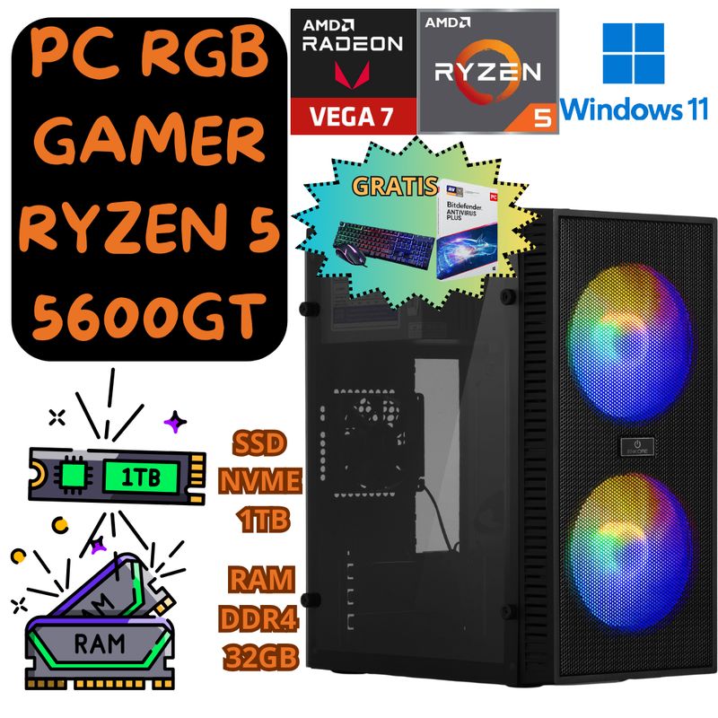 AMD - COMPUTADORA  GAMER PC RGB RYZEN 5 5600GT SSD1TB RAM32GB + OBSEQUIO