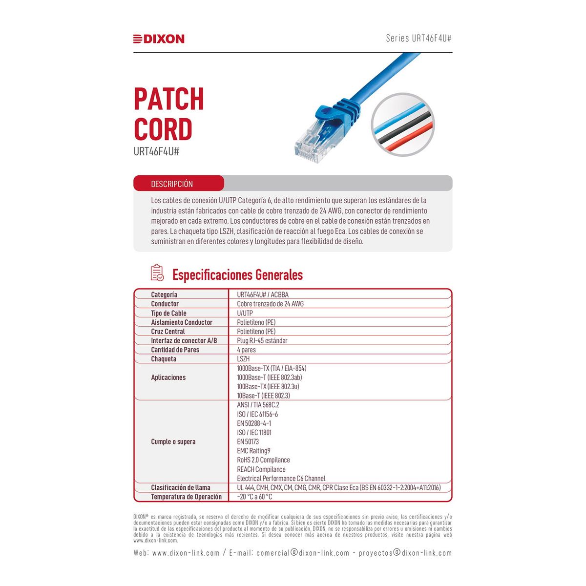 DIXON - Patch Cord Dixon 1 Metro UTP Cat6 24AWG COBRE LSZH Cumple RoHS Azul