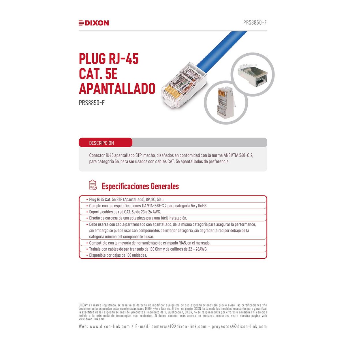 DIXON - Caja 100Conectores Rj45 Apantallados Dixon para Utp Cat5e Cumple RoHs