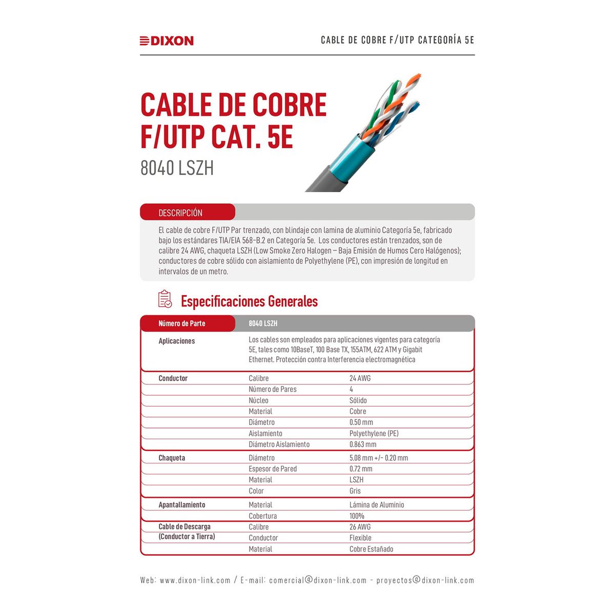 DIXON - Caja de cable Utp Cat5e Dixon 8040 LSZH 305m 23AWG Interior PVC Gris