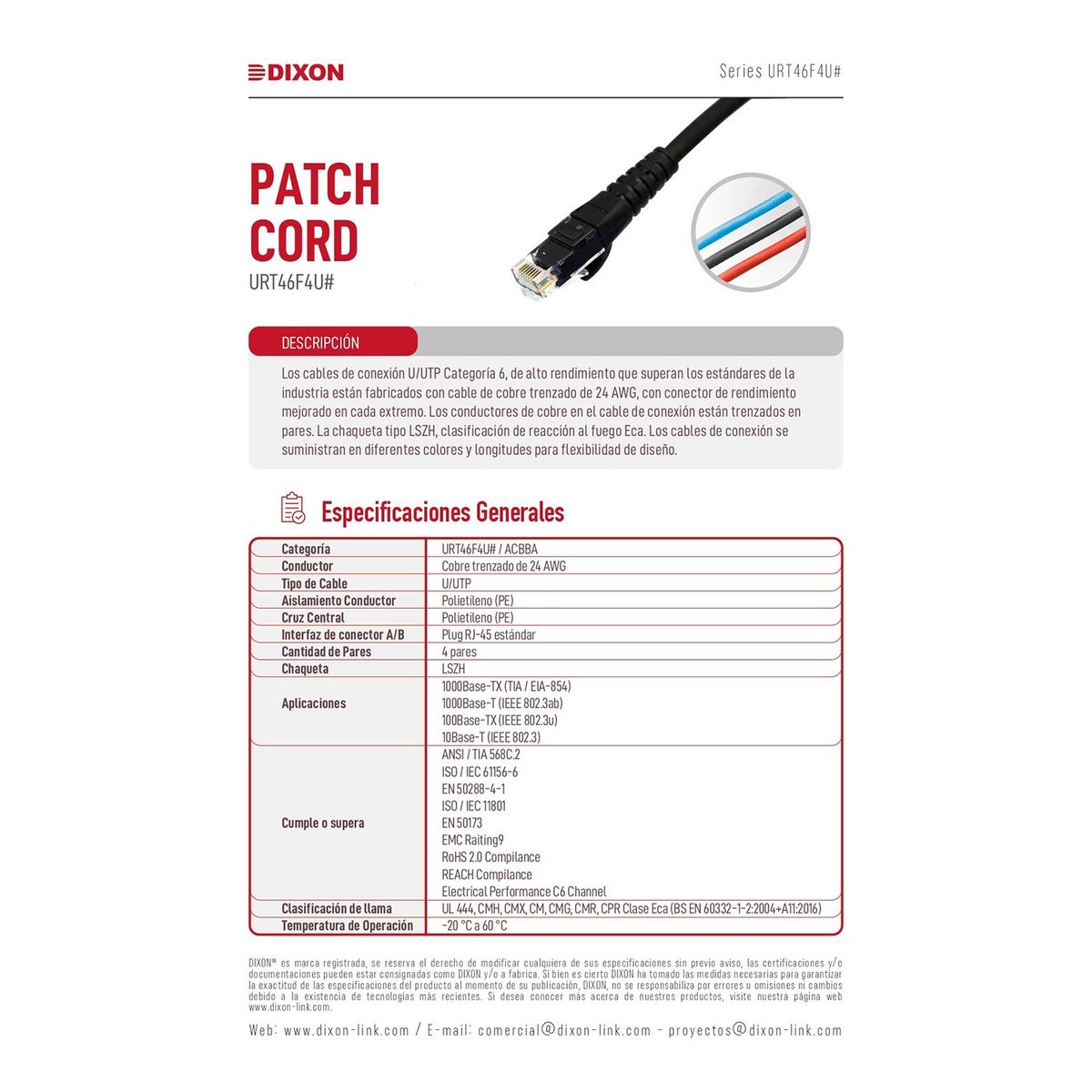 DIXON - Patch Cord Dixon 3 Metros UTP Cat6 24AWG COBRE LSZH Cumple RoHS Negro