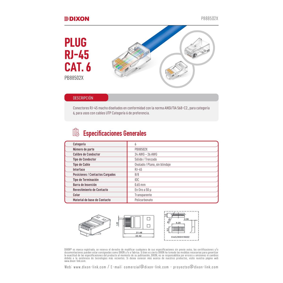 DIXON - 100 Conectores Rj45 Dixon para Utp Cat 6 x Caja 8contacto Cumple RoHs