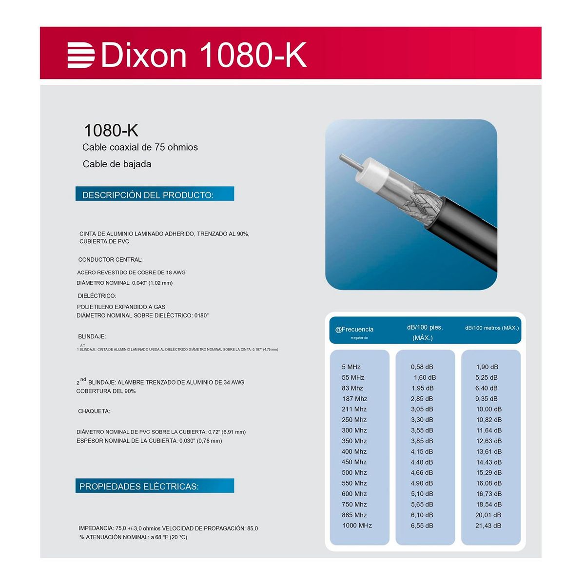 DIXON - Cable Coaxial RG6 1080-K Dixon 305 m x rollo 18AWG 75ohm 90% Exterior