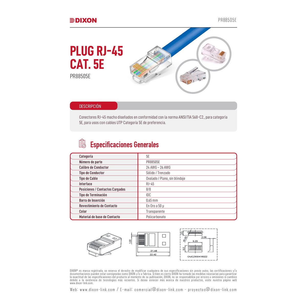 DIXON - Caja 100 Conectores Rj45 Dixon para Utp Cat.5e 8 contactos Cumple RoHs