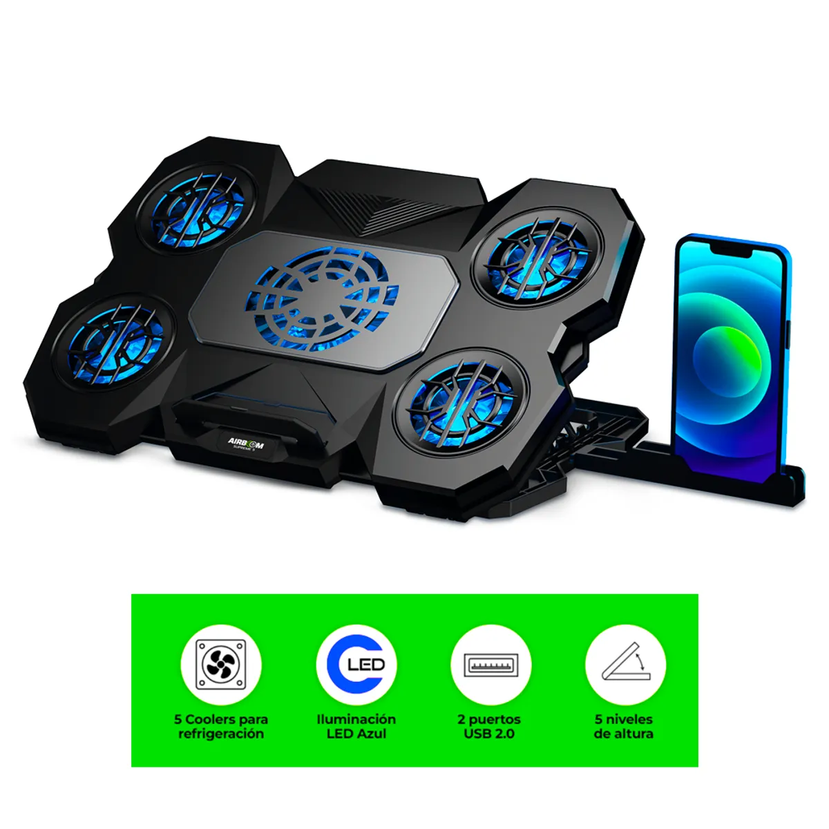 AIRBOOM - Cooler Laptop Gamer Airboom Supreme 5 Con 5 Ventiladores Led