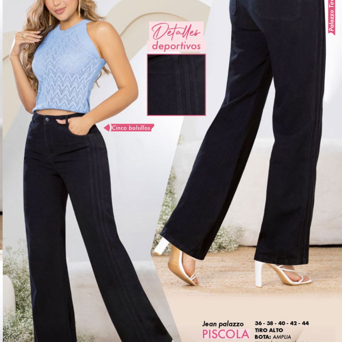 T&T - Jean palazzo de tiro alto y bota amplia con detalles deportivo