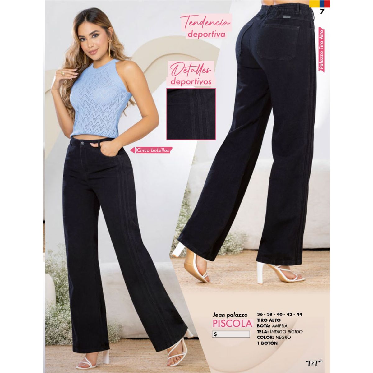 T&T - Jean palazzo de tiro alto y bota amplia con detalles deportivo