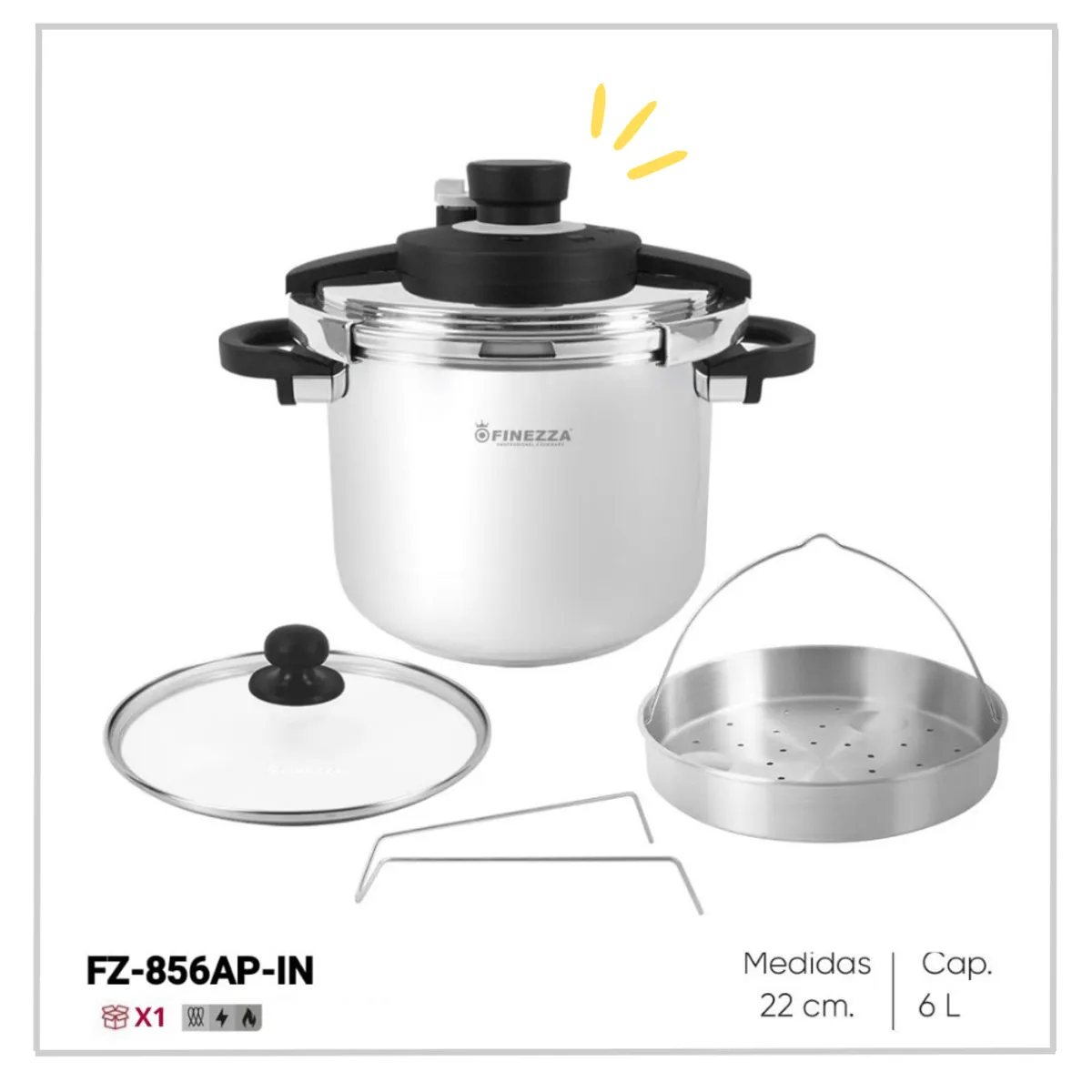 FINEZZA - Olla a Presión Finezza de Acero Inoxidable  6lt -FZ-856AP-IN