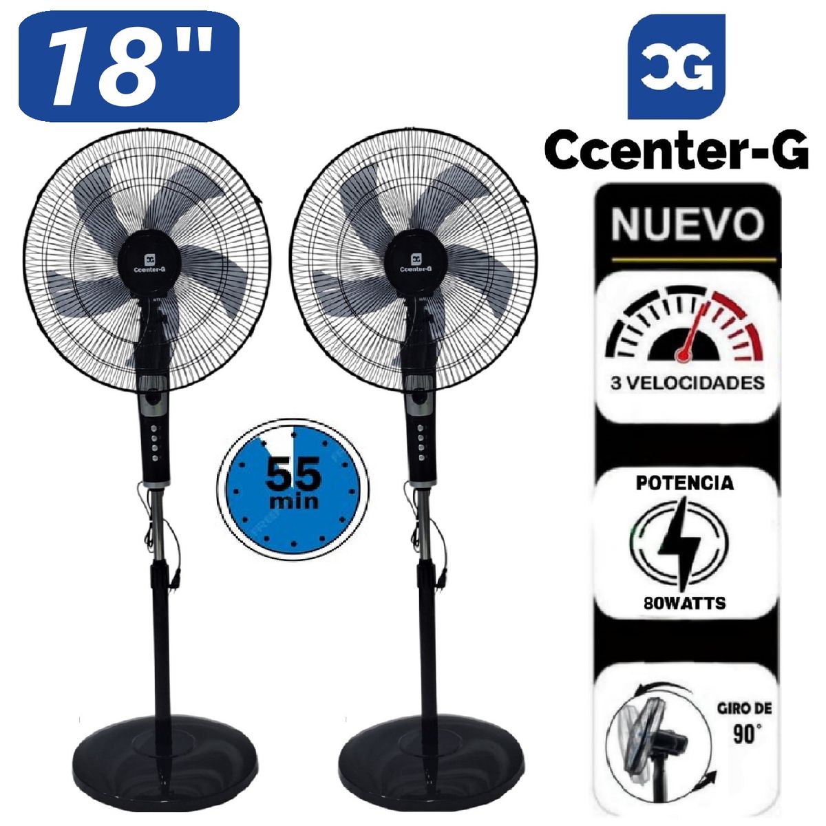 GENERICO - Pack Ventilador Pedestal 18" Pulgadas Silencioso 80 Wats Temporizador