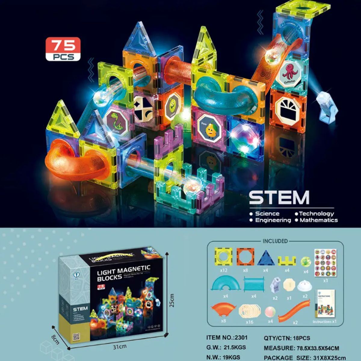 GENERICO - Bloques Magnéticos con Luces led - 75 Piezas