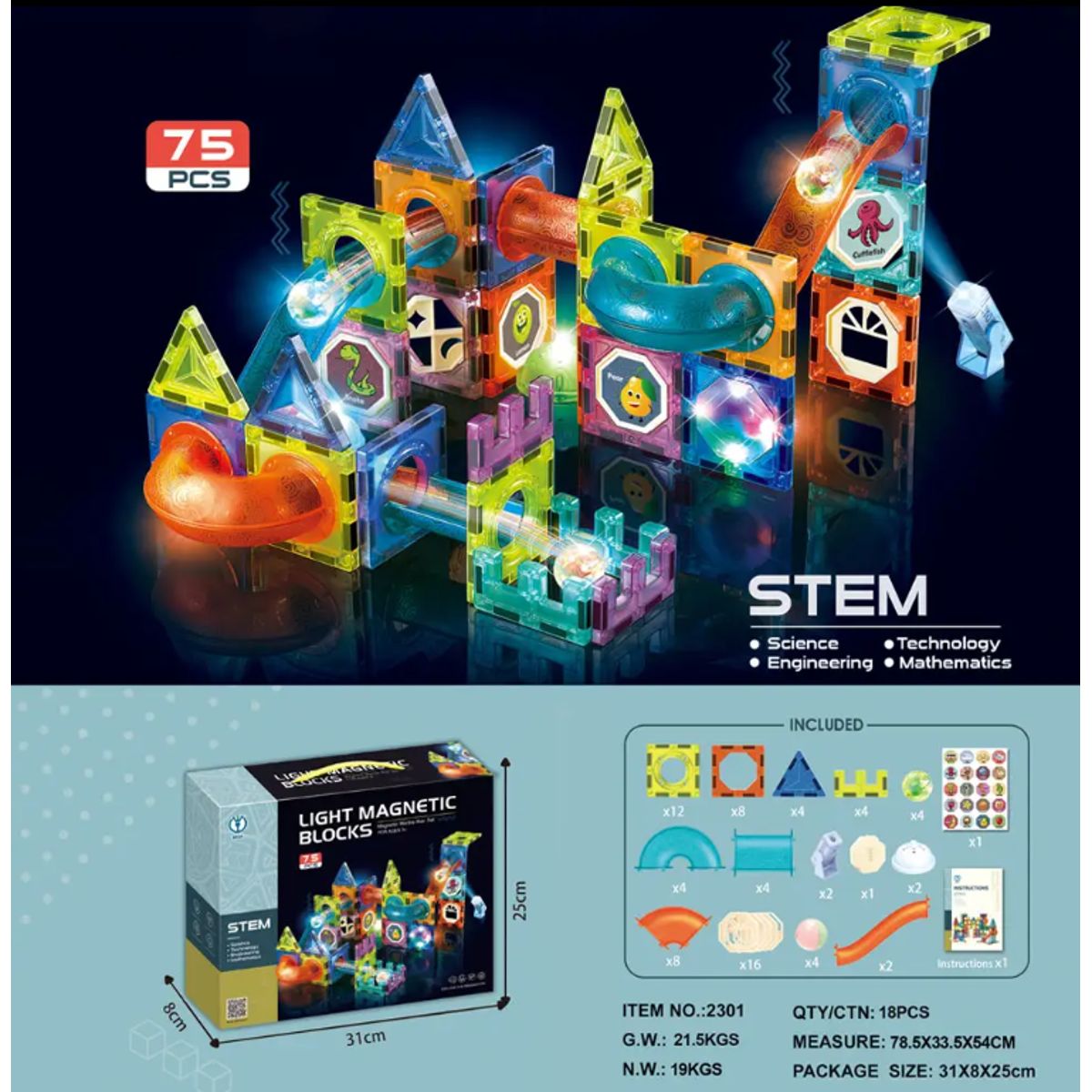 GENERICO - Bloques Magnéticos con Luces led - 75 Piezas