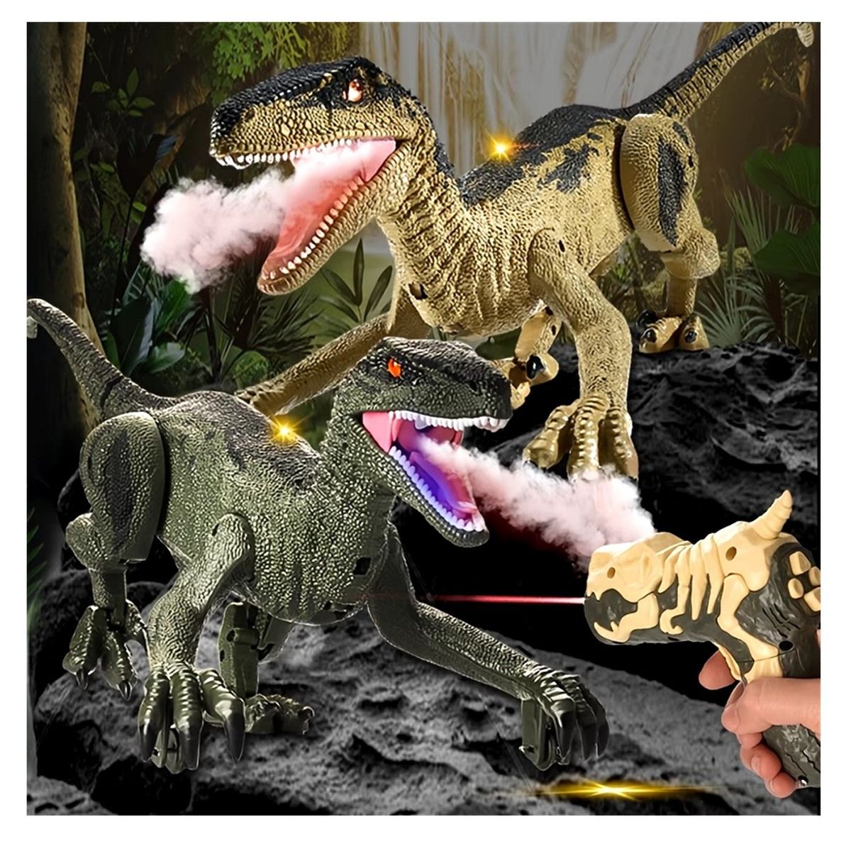 GENERICO - DINOSAURIO VELOCIRAPTOR A CONTROL REMOTO CON HUMO LUZ Y SONIDO