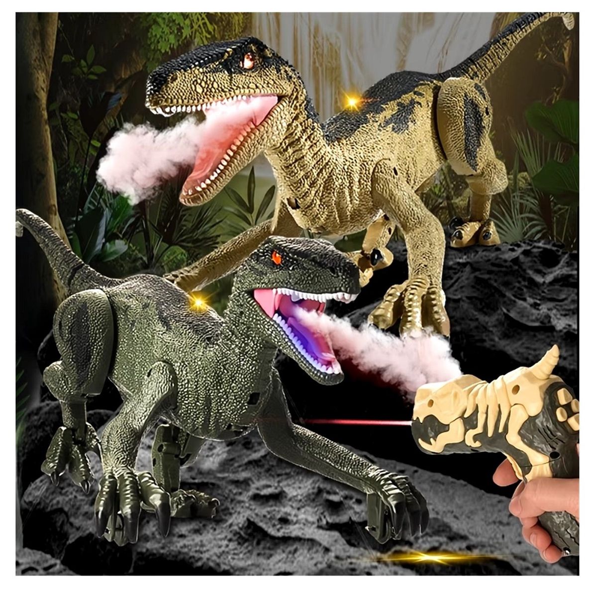 GENERICO - DINOSAURIO VELOCIRAPTOR A CONTROL REMOTO CON HUMO LUZ Y SONIDO