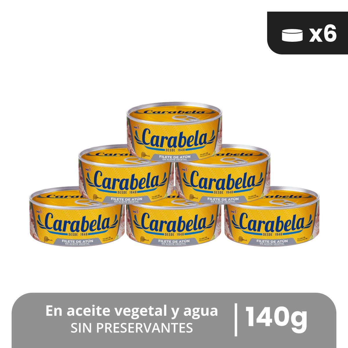 CARABELA - Filetes de Atún en aceite vegetal Carabela 140gr Pack x6
