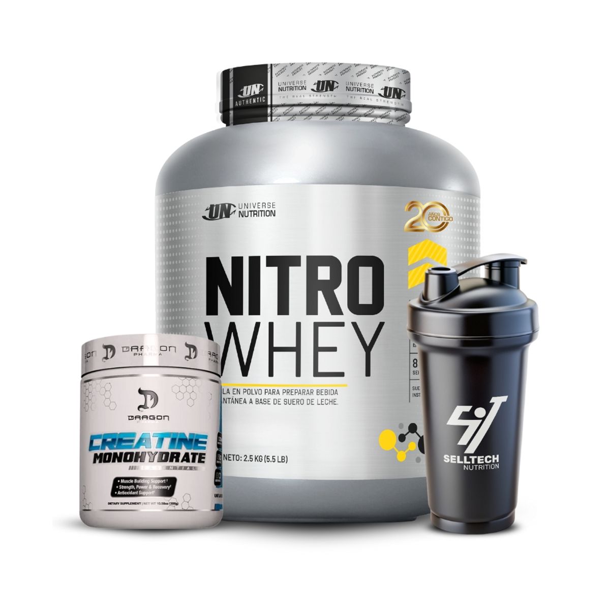 UNIVERSE NUTRITION - Nitro Whey 2.5 kg Vainilla+Creatina Dragon Pharma 300gr+Shaker