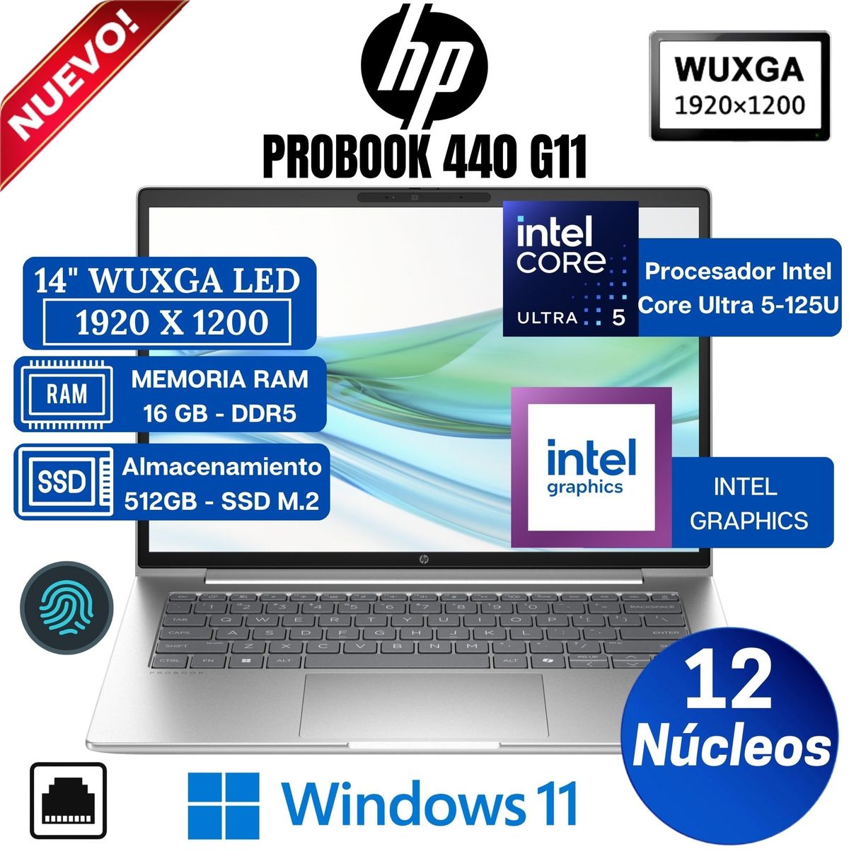 HP - Laptop HP ProBook 440 G11, 14” WUXGA IPS, Intel Core Ultra 5-125U, Ram 16GB, Ssd 512GB, Win 11 Pro