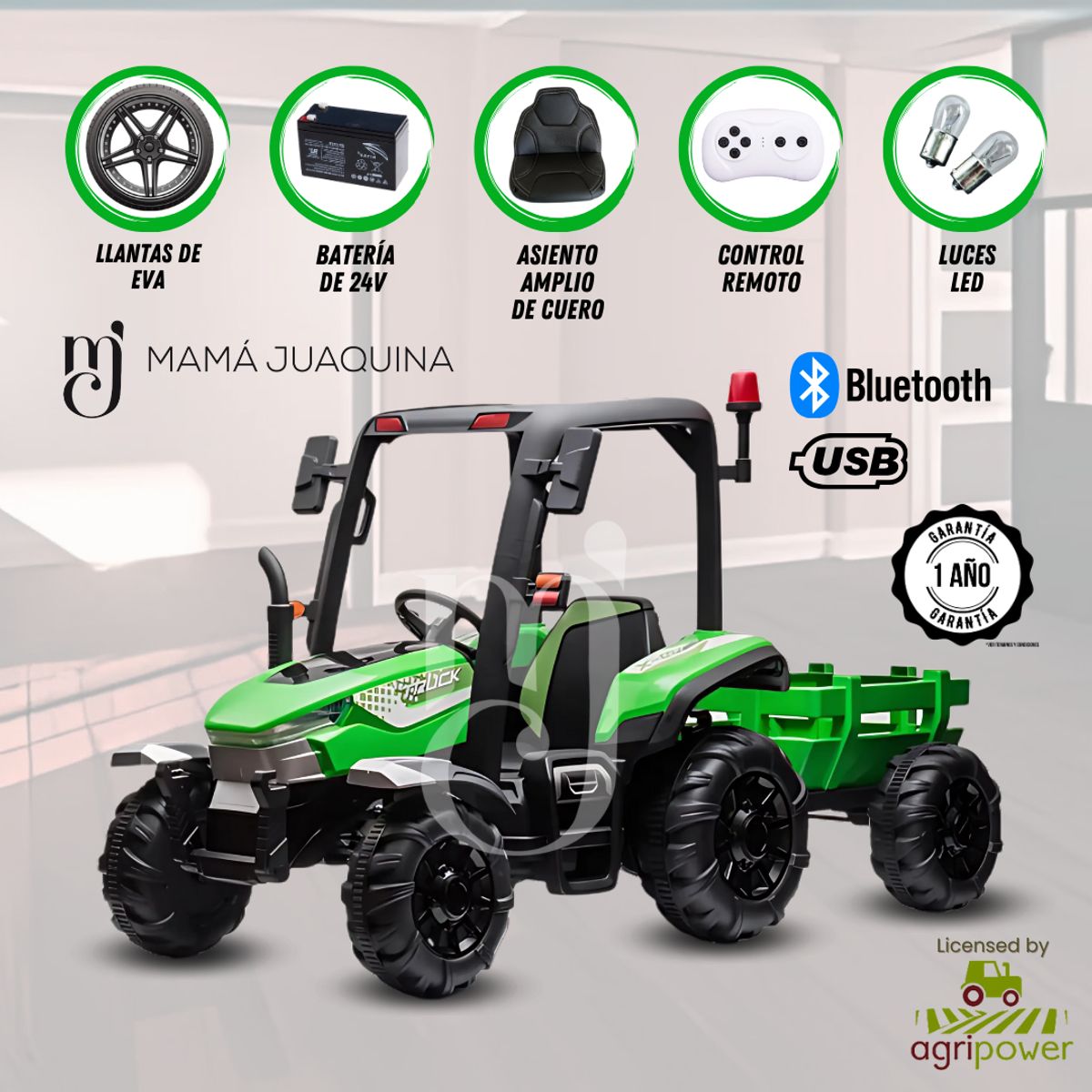 CONFORT - Carro a Batería modelo Tractor «RANCHLIVE» Licenciado Green