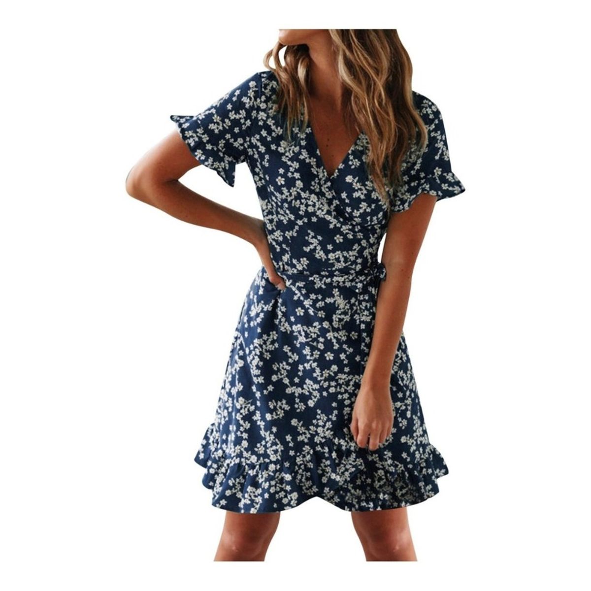 GIOIO - Vestido Floral Cruzado Con Cinturón Incorporado Manga Farol