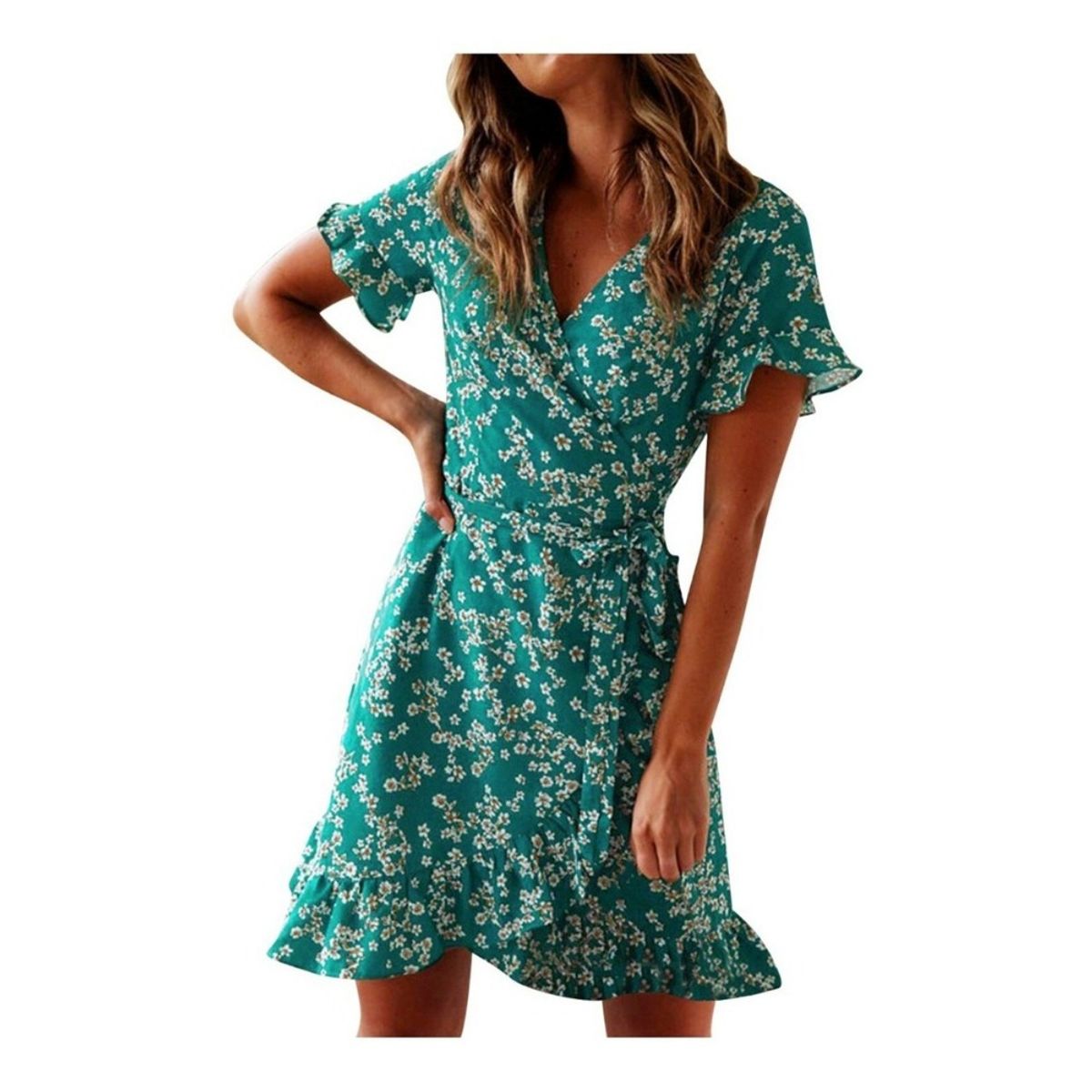 GIOIO - Vestido Floral Cruzado Con Cinturón Incorporado Manga Farol