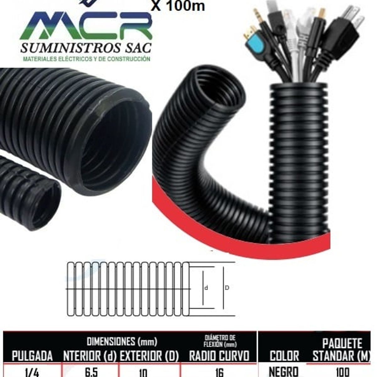 GENERICO - TUBERIA FLEXIBLE DE 1/ 4 PULGADA NEGRO CORRUGADO X100M