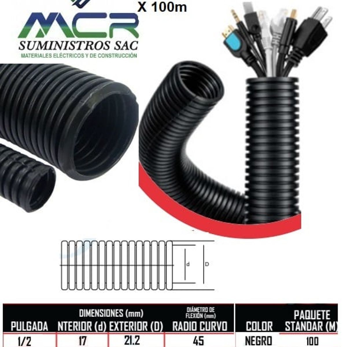 GENERICO - TUBERIA FLEXIBLE DE MEDIA 1/ 2 PULGADA NEGRO CORRUGADO X100M