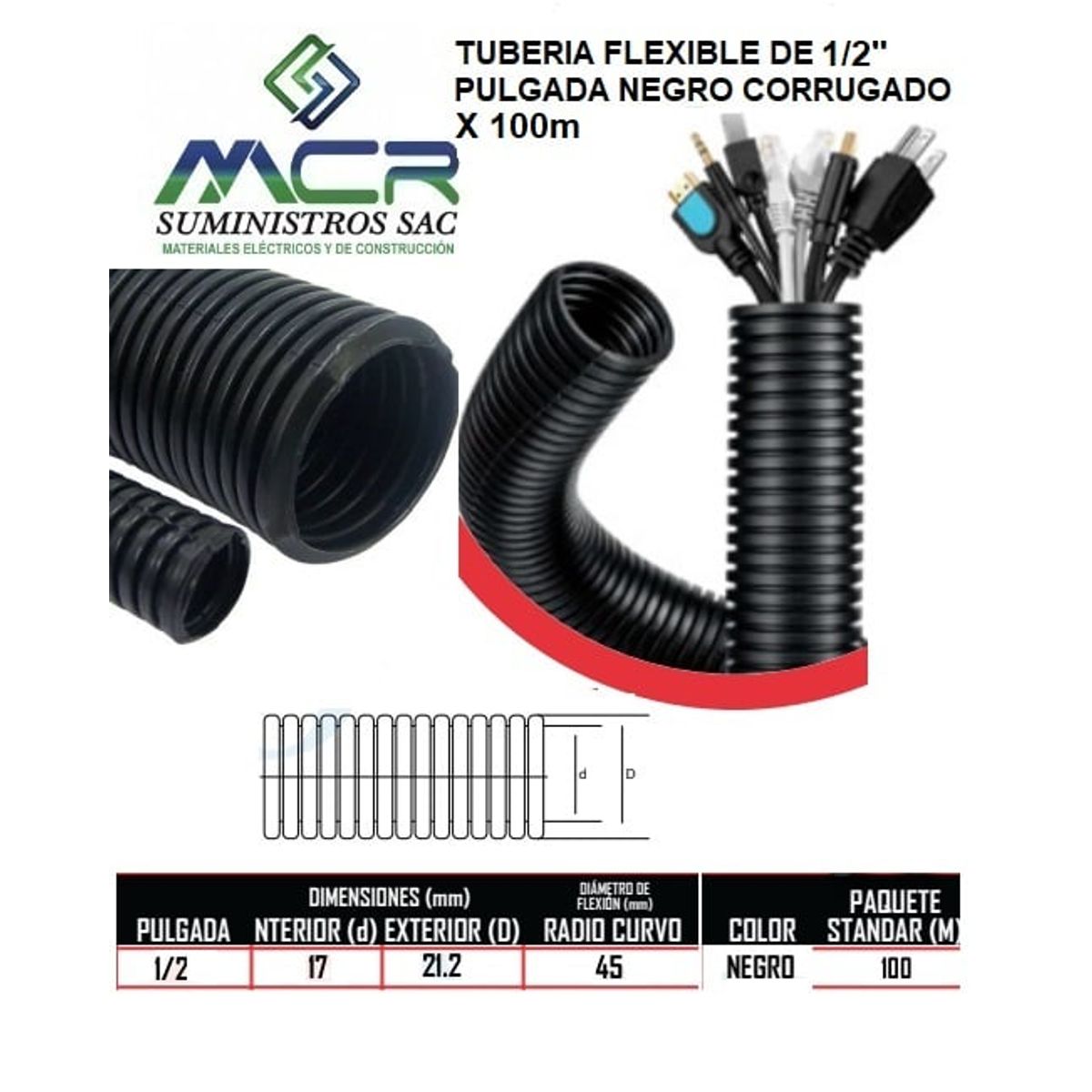 GENERICO - TUBERIA FLEXIBLE DE MEDIA 1/ 2 PULGADA NEGRO CORRUGADO X100M