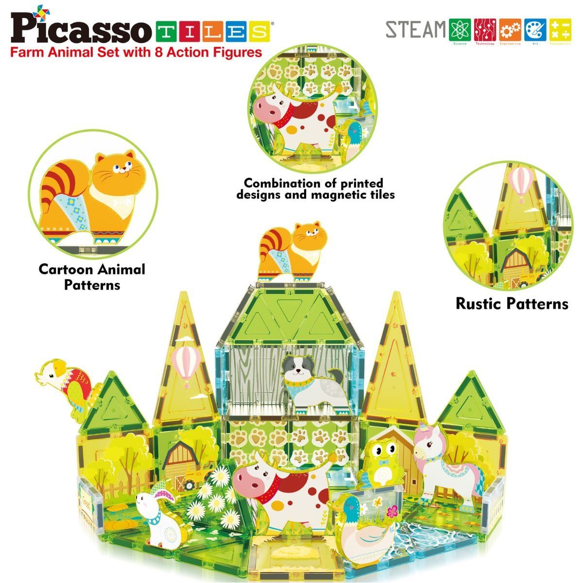PICASSO TILES - Juego de Bloques de Construcción Magnéticos Granja de 52 piezas incluye 8 figuras de animales
