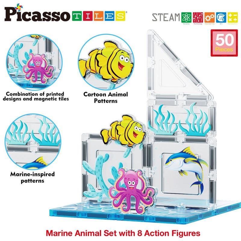 PICASSO TILES - Juego de Bloques de Construcción Magnéticos Mundo Marino de 52 piezas incluye 8 figuras de animales