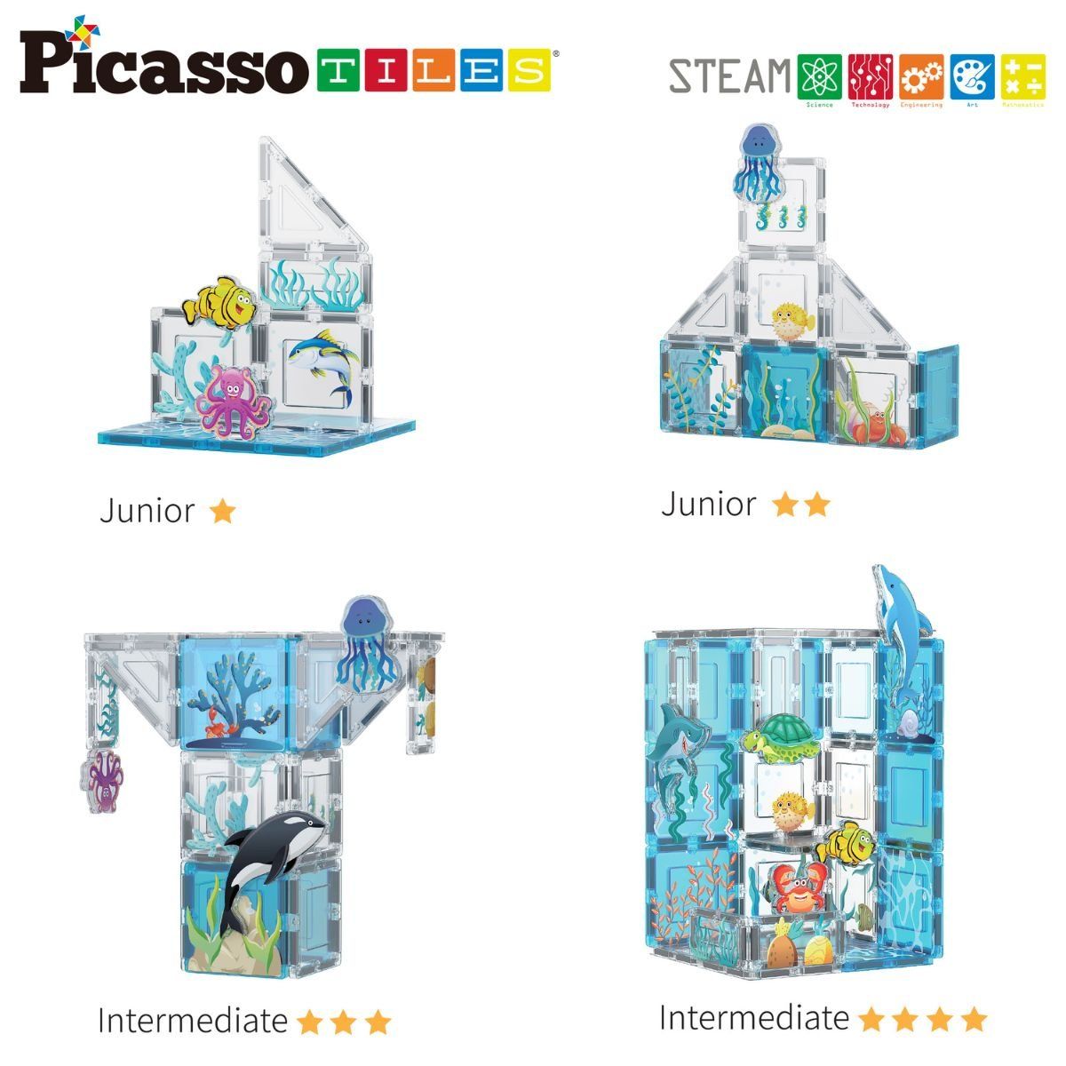 PICASSO TILES - Juego de Bloques de Construcción Magnéticos Mundo Marino de 52 piezas incluye 8 figuras de animales