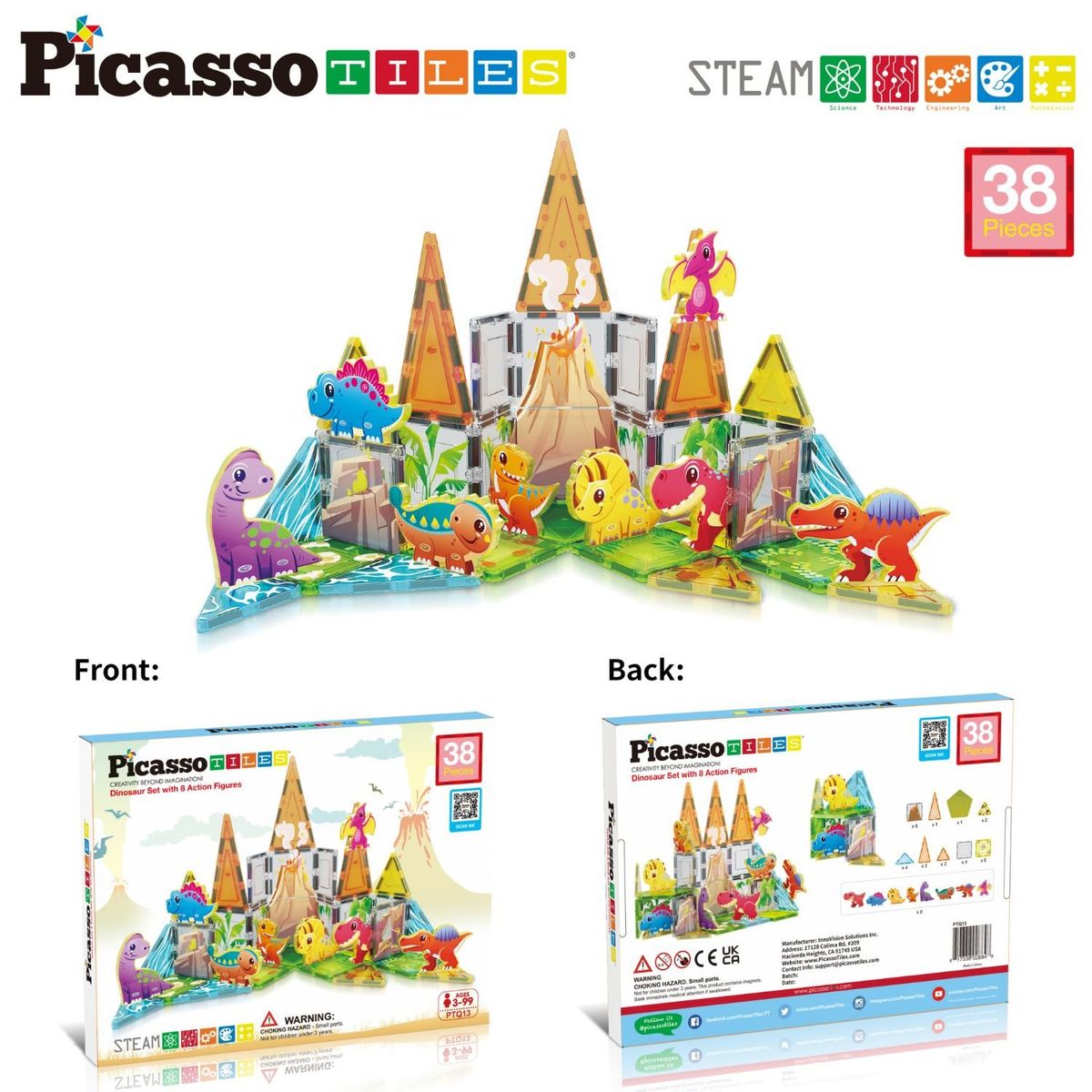 PICASSO TILES - Juego Bloques de Construcción Magnéticos Mundo Dinosaurio de 38 piezas incluye 8 figuras