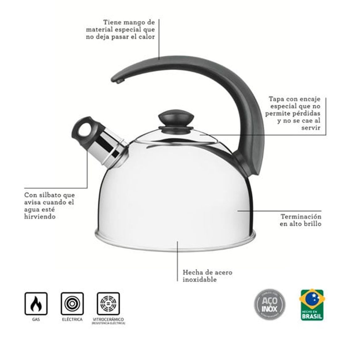 TRAMONTINA - Tetera  de acero inoxidable con silbato , fondo triple 3,3 L