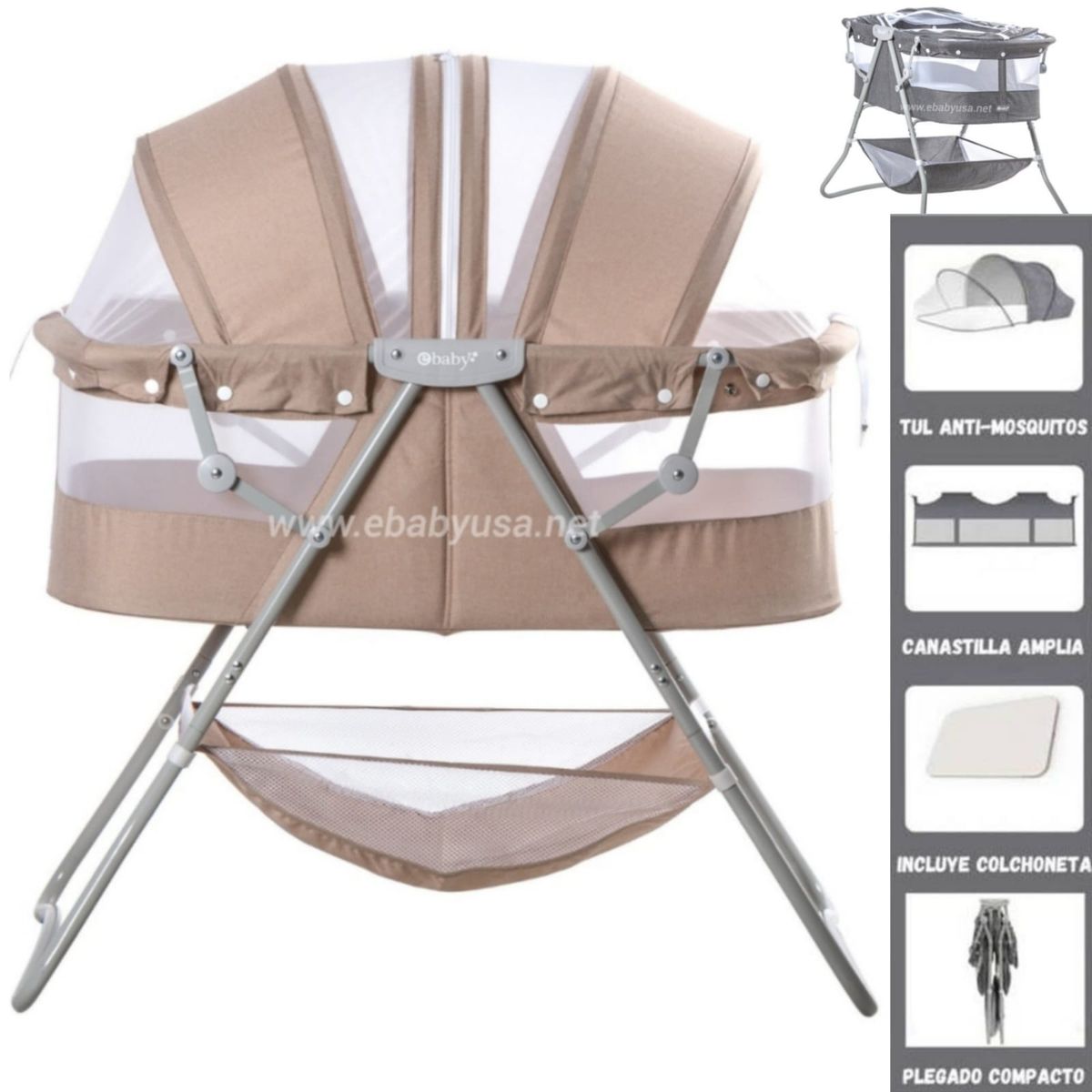 EBABY - Cuna Portátil Plegable para Bebés DOLLY BEIGE