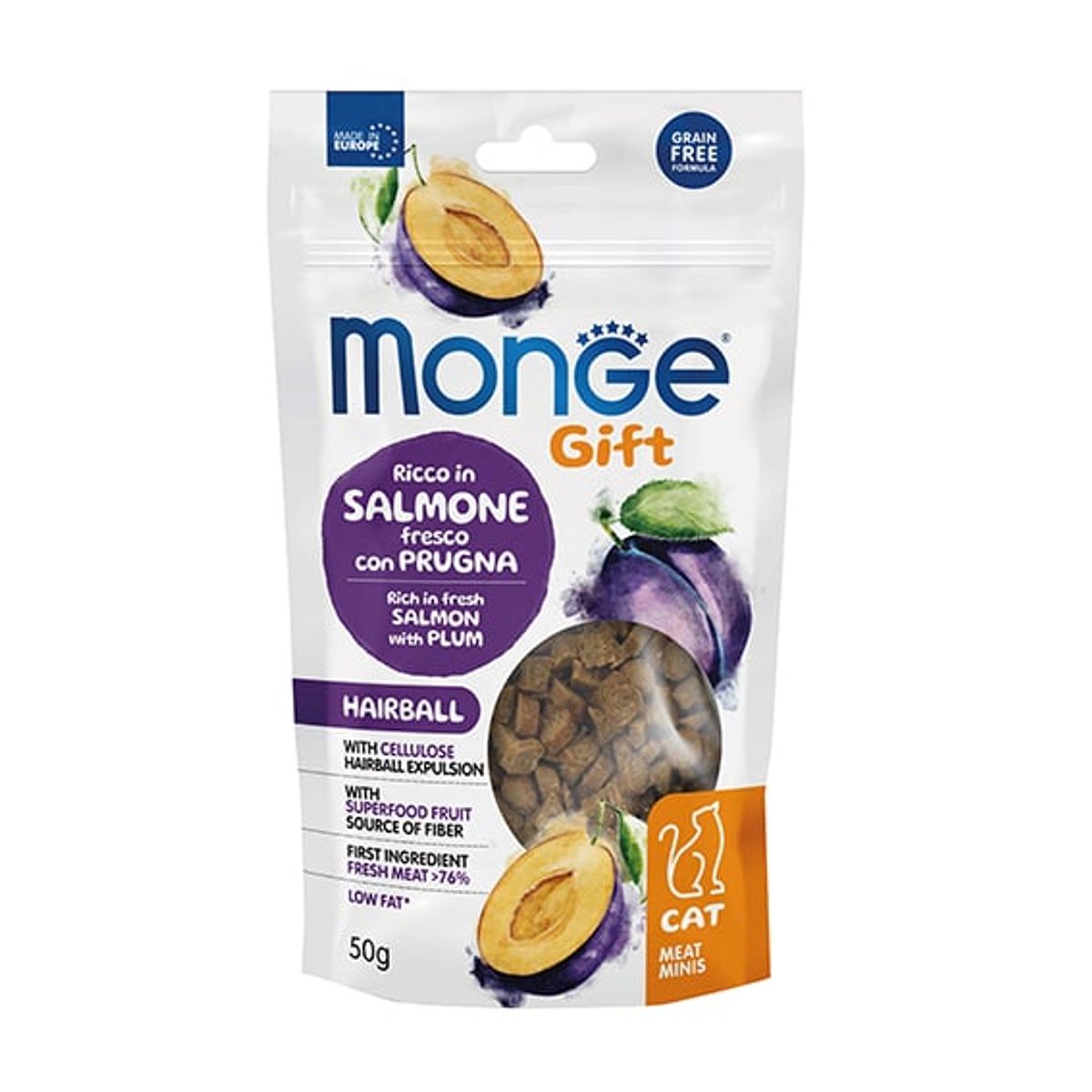 MONGE - Monge Gift Meat Minis Hairball Snack 50gr - Salmon Y Ciruela