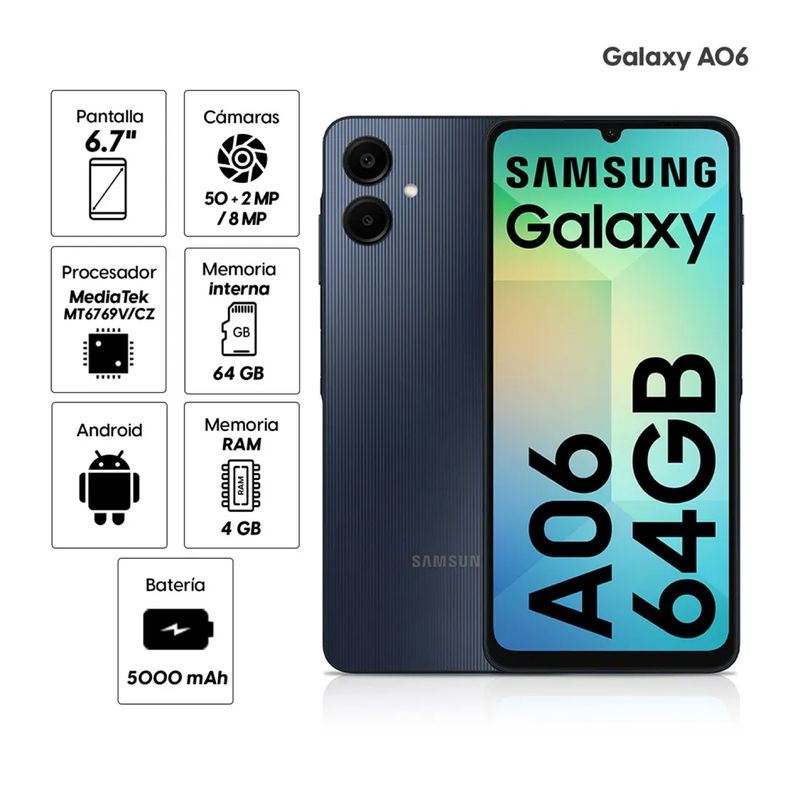 SAMSUNG - Celular Samsung Galaxy A06 64GB, 4GB ram, cámara principal 50MP + 2 MP frontal 8MP 6.7" negro