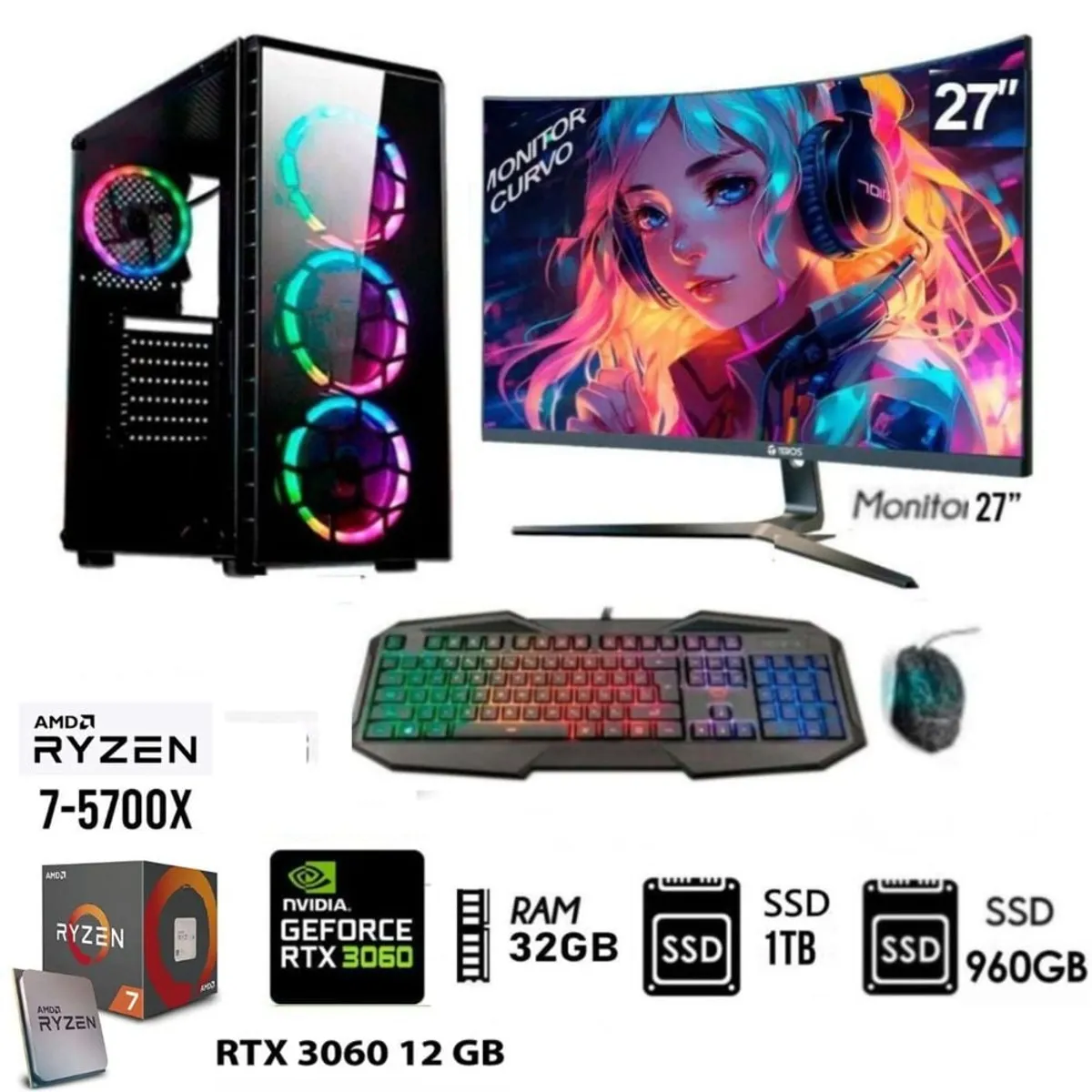 AMD - Computadora PC Gamer RYZEN 7 5700X  Ram 32GB SSD-M2 1TB+SSD 960GB  RTX 3060 12GB