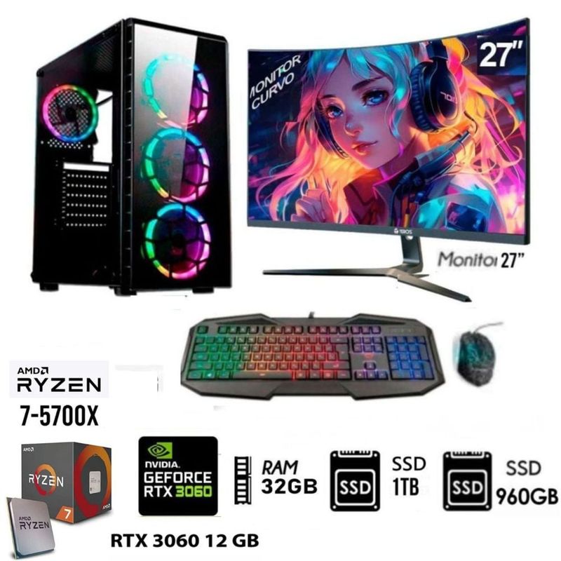 AMD - Computadora PC Gamer RYZEN 7 5700X  Ram 32GB SSD-M2 1TB+SSD 960GB  RTX 3060 12GB