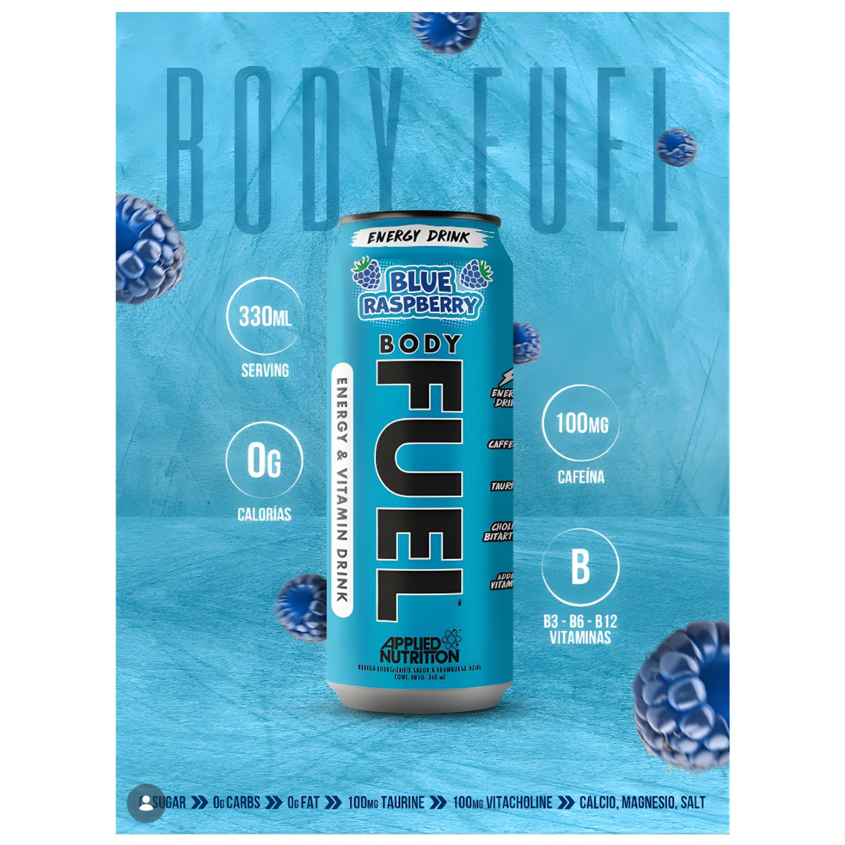 APPLIED NUTRITION - PACK - 12 Unidades / Latas Body Fuel 330ml - Pre entreno sabor Blue Raspberry