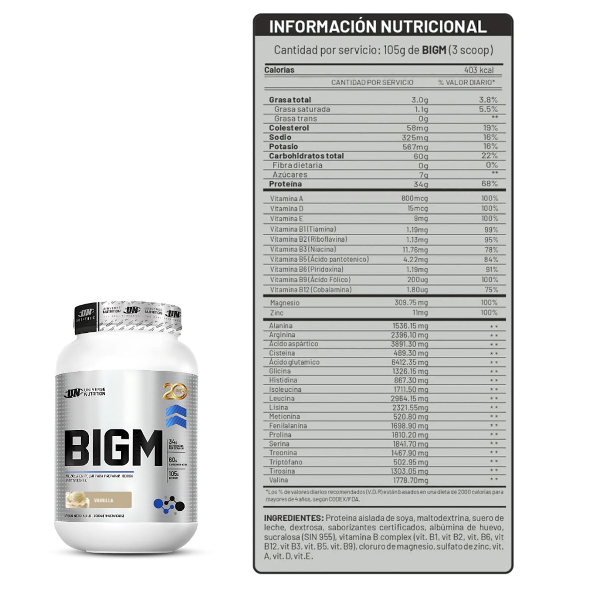 UNIVERSE NUTRITION - Bigm 2 kg Ganador de masa - Vainilla + Shaker