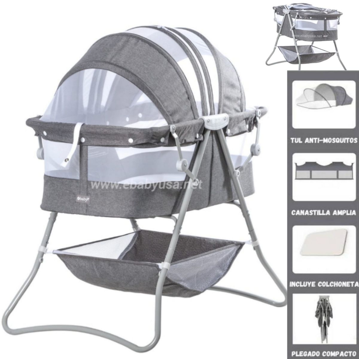 EBABY - Cuna Portátil Plegable para Bebés DOLLY GRIS