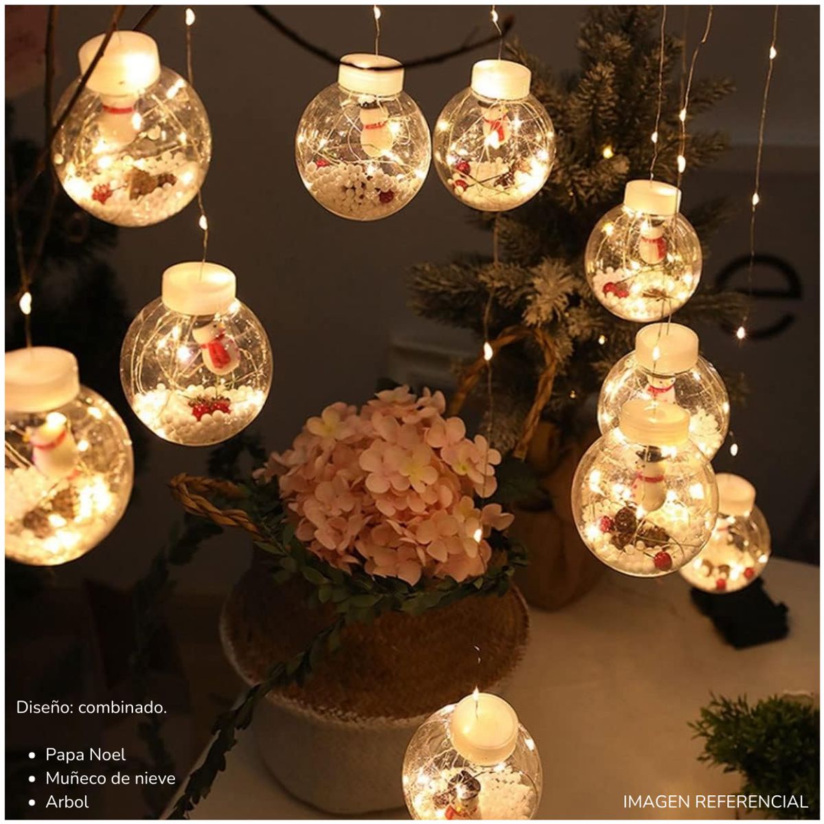 INSPIRA MARKET - Cortina Luces LED Cascada Guirnalda con Esferas Navideñas CÁLIDO