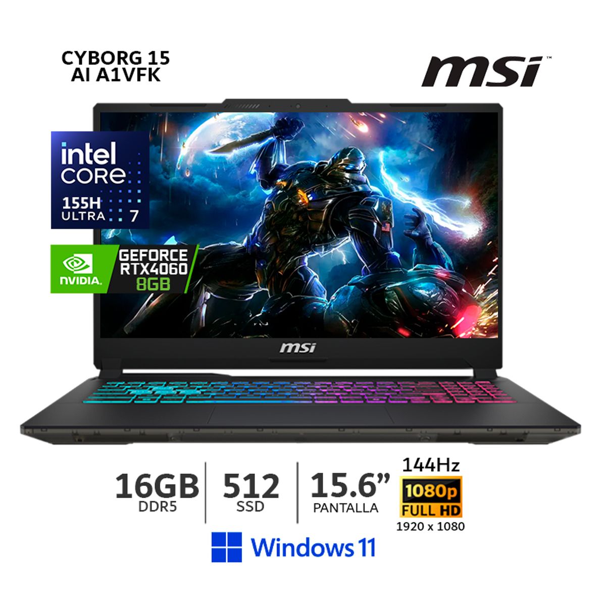 MSI - MSI Core Ultra 7-155H-Cyborg 15 AI A1VFK Gaming, 16Gb Ram,512Gb SSD, RTX 4060 8GB, Win11-15K211-210
