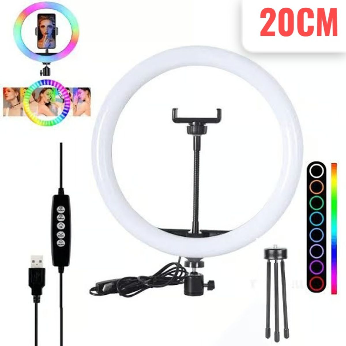 OEM - Aro LED de Colores y Blanco RGBW 20cm  Tripode  Soporte Celular
