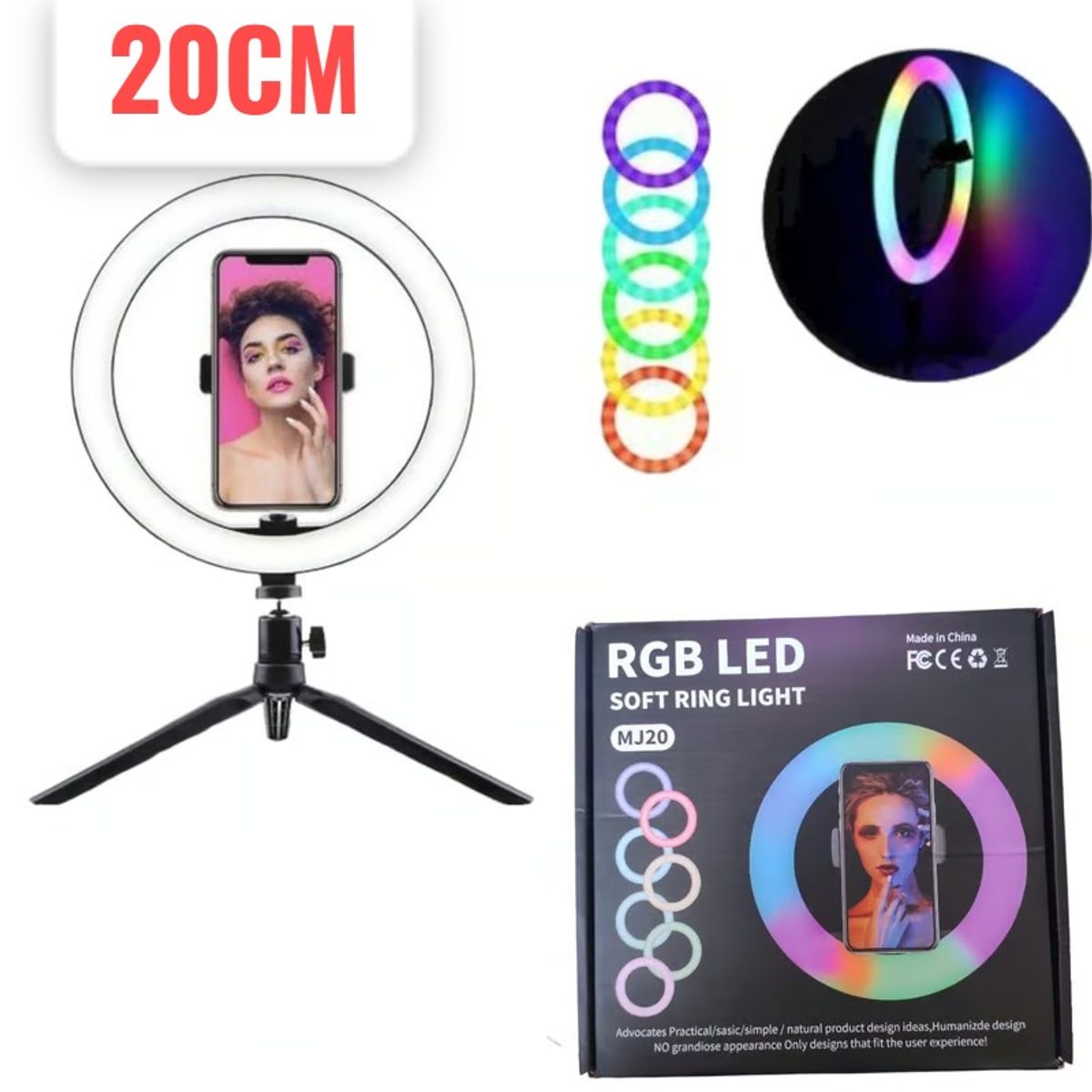OEM - Aro LED de Colores y Blanco RGBW 20cm  Tripode  Soporte Celular