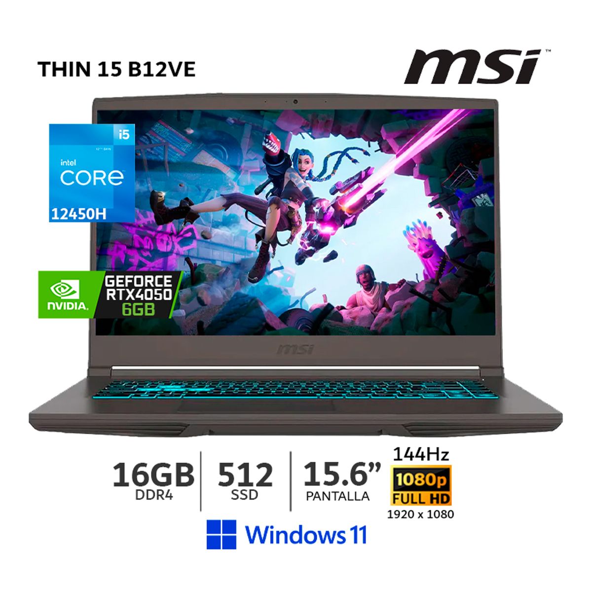 MSI - Laptop MSI Thin 15 B12VE Intel Core i5-12450H,16Gb Ram,512Gb SSD,V. RTX 4050 6Gb,15.6" FHD, Wind 11