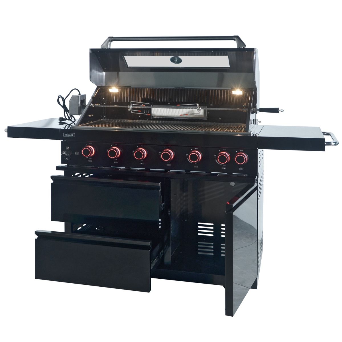 HIGRILL - Parrilla a Gas y Carbón 7 Quemadores con Mueble Bajo y Rostizador
