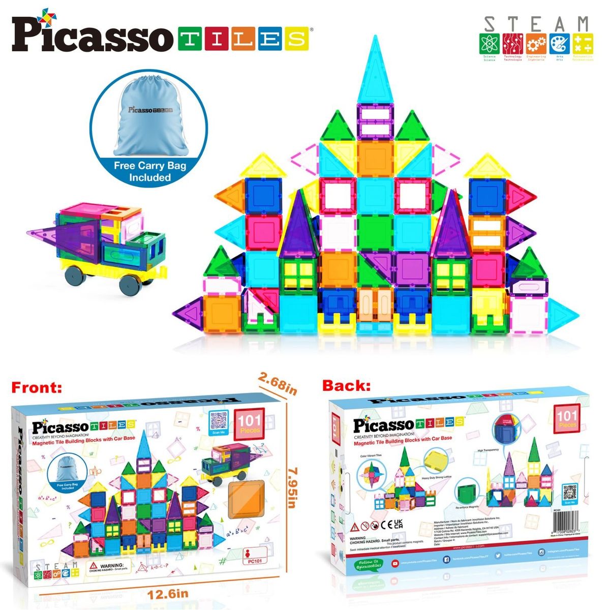 PICASSO TILES - Juego de Bloques de Construcción Magnéticos de 100 piezas y bolsa para guardar