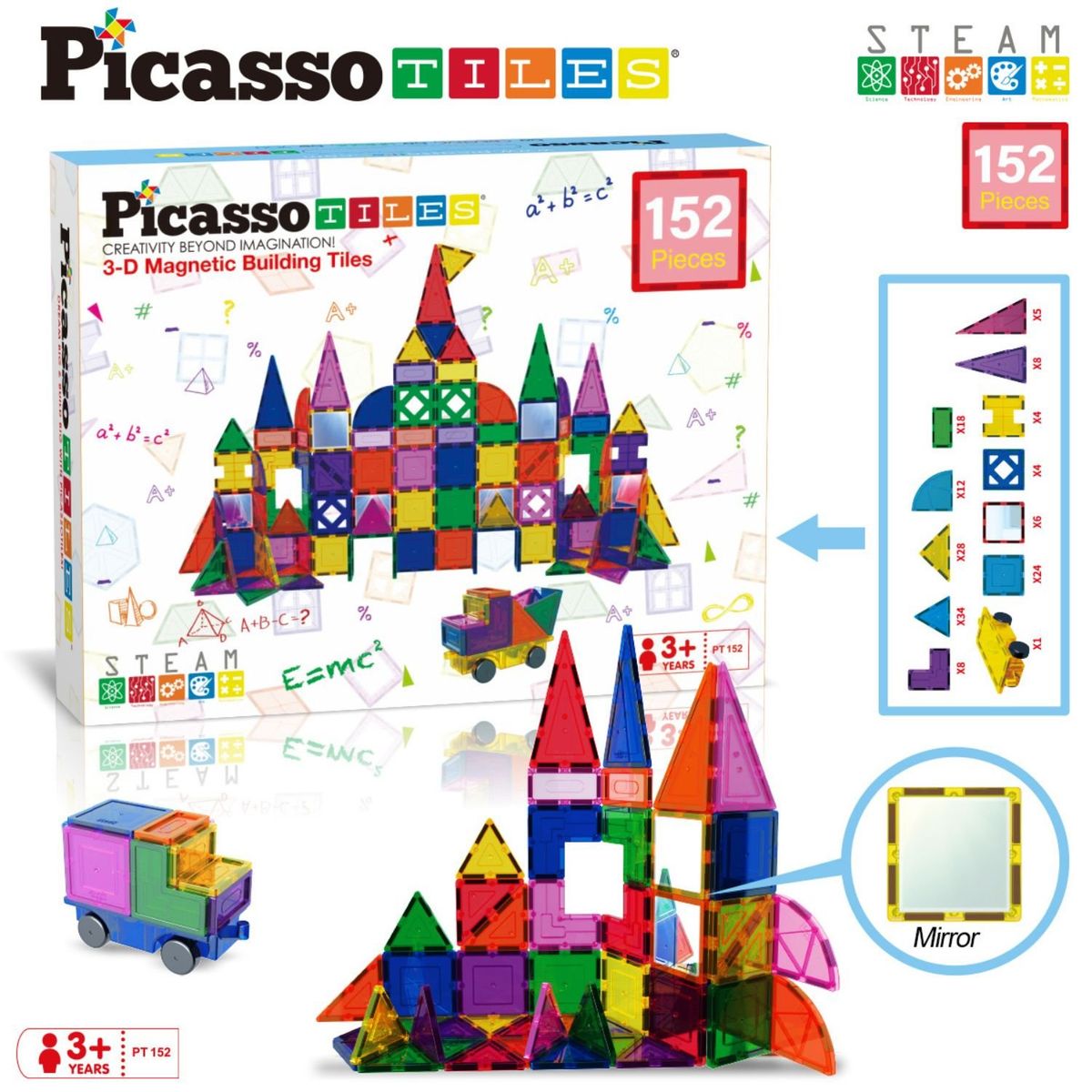 PICASSO TILES - Set de Bloques de Construcción Magnéticos de 152 piezas traslúcidas