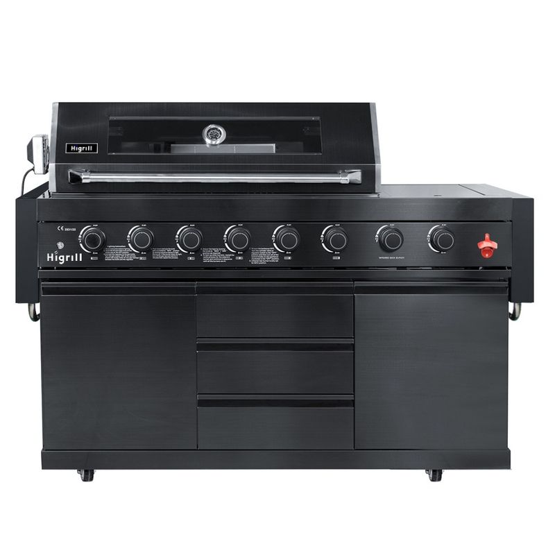 HIGRILL - Parrilla a Gas de 8 Quemadores con Sellador de Carnes y Rostizador
