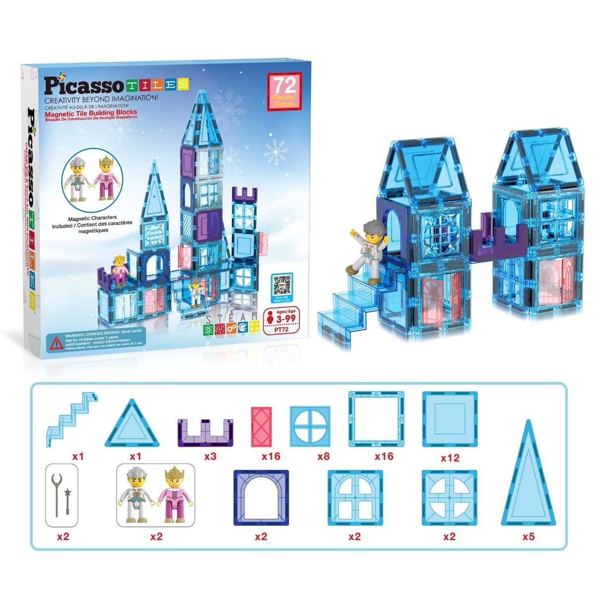 PICASSO TILES - Set de Bloques Magnéticos Castillo de Hielo con Princesa de 72 piezas