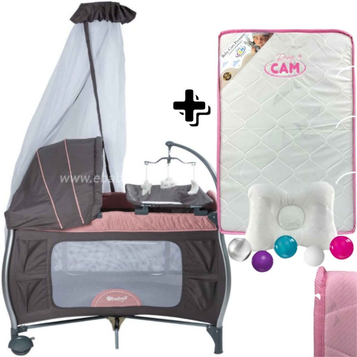 EBABY - Cuna NAPY Corral Mecedora con cambiador + Colchon CAM ROSADO